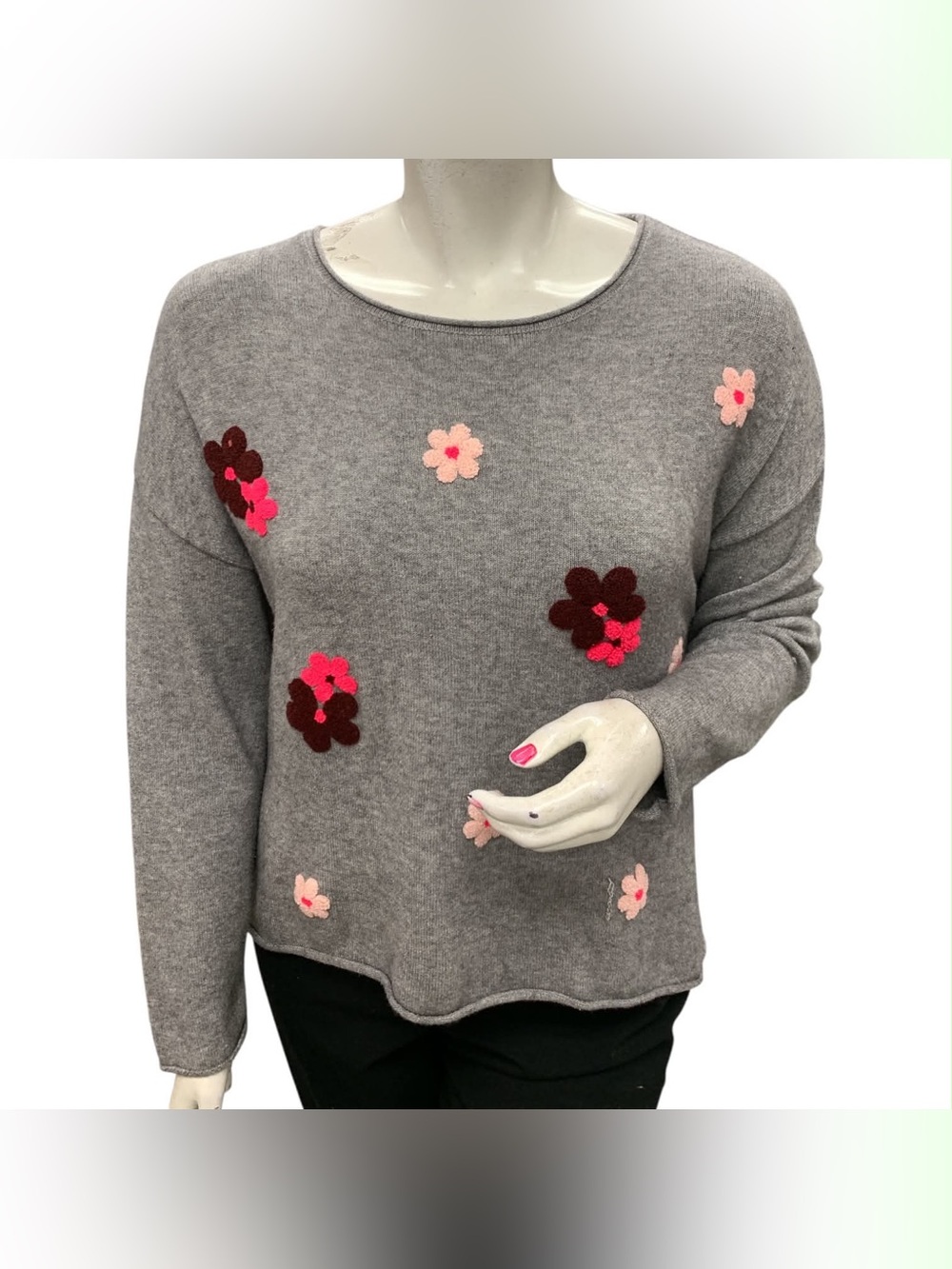 Parkhurst Gray Crewneck Sweater with Pink & Burgundy Floral Appliqués Size L